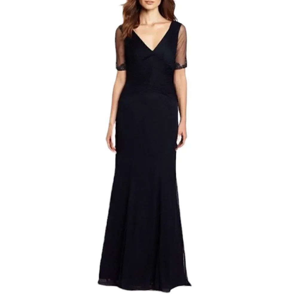ADRIANNA PAPELL Beaded Illusion Keyhole Back Navy Dress Embellished Sleeves Sz 8